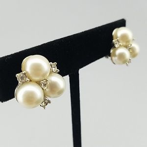 Faux Pearl Rhinestone Clip on Earrings Silver Tone
